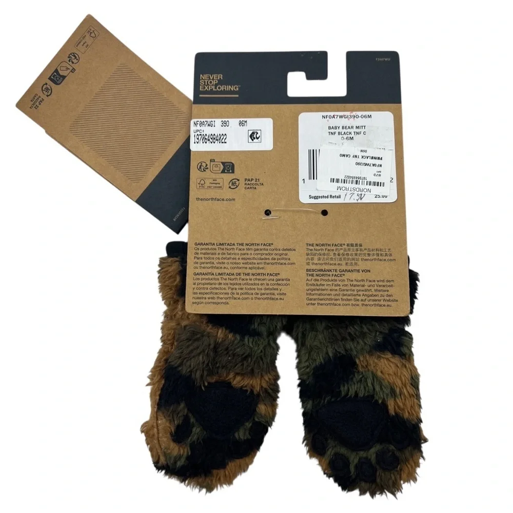 The North Face Baby Bear Suave Oso Infant Winter Mittens Size 0-6M Fleece Camo